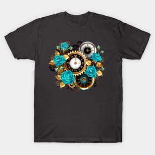 Steampunk Striped Background with Clock and Turquoise Roses T-Shirt